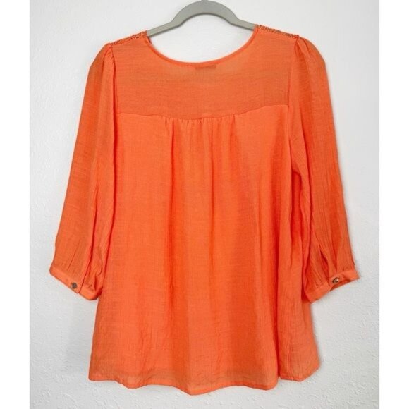 Figueroa & Flowers orange peasant lace yoke scoop neck 3/4 sleeve blouse top S - Picture 6 of 11